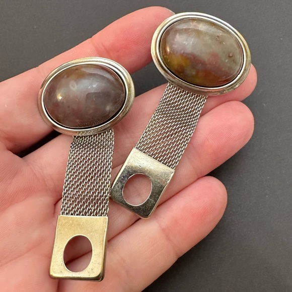 Vintage 1950s Handmade Agate Cuff Links Set Pair Silver Mesh Brown Stone Classic - Picture 5 of 8
